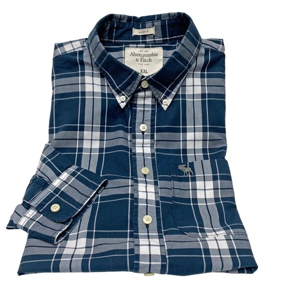 Abercrombie Fitch Blue Plaid Button‎ Down Long Sleeve Muscle Shirt - Picture 1 of 11